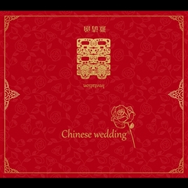 红色喜庆结婚玫瑰花金色边框中式婚礼邀请函