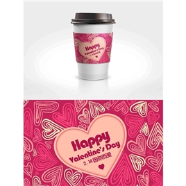 玫红色2.14情人节线条心型咖啡杯套设计